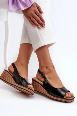 Damskie Lakierowane Sandały Na Koturnie Sergio Leone SK301 Czarne