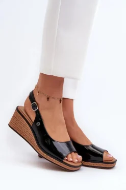 Damskie Lakierowane Sandały Na Koturnie Sergio Leone SK301 Czarne