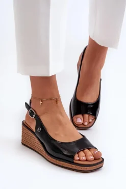 Damskie Lakierowane Sandały Na Koturnie Sergio Leone SK301 Czarne