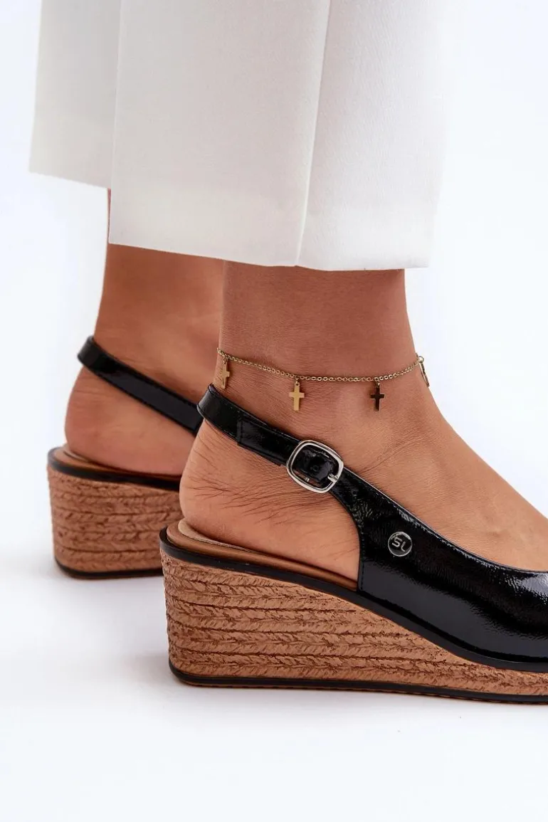 Damskie Lakierowane Sandały Na Koturnie Sergio Leone SK301 Czarne