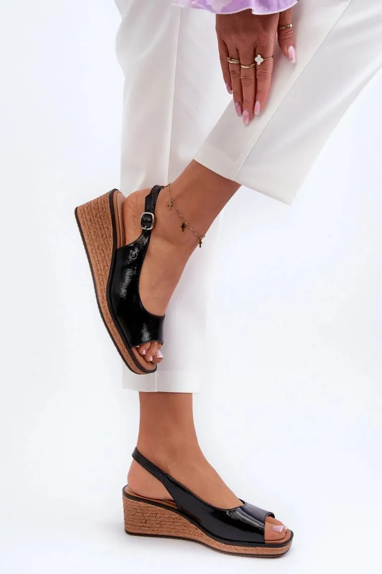 Damskie Lakierowane Sandały Na Koturnie Sergio Leone SK301 Czarne