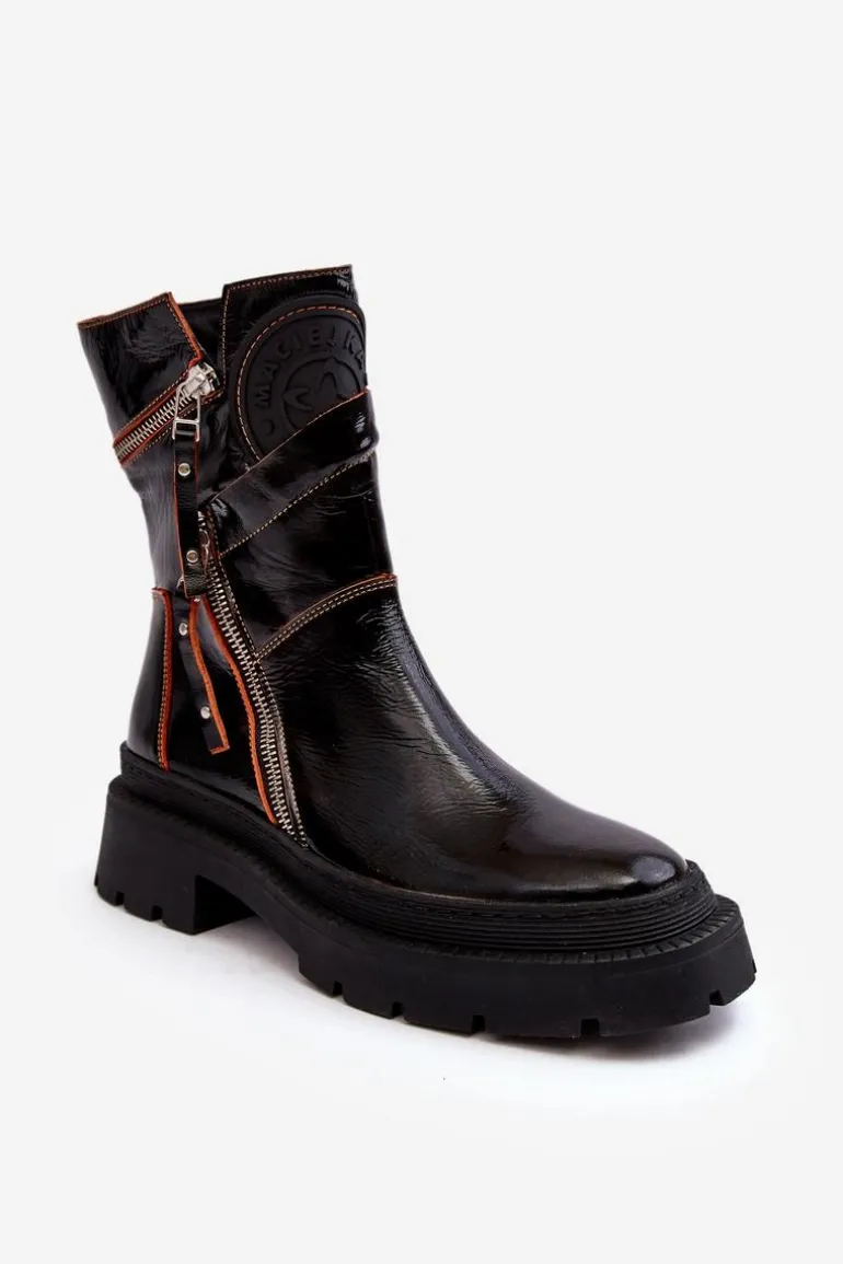 Damskie Lakierowane Skórzane Botki Z Suwakami Maciejka 06238-18 Czarne