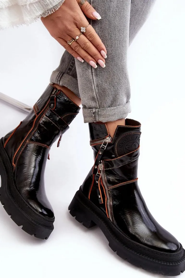 Damskie Lakierowane Skórzane Botki Z Suwakami Maciejka 06238-18 Czarne
