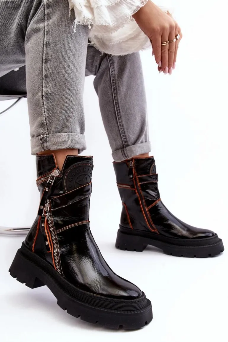 Damskie Lakierowane Skórzane Botki Z Suwakami Maciejka 06238-18 Czarne