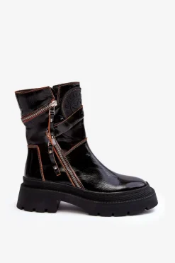 Damskie Lakierowane Skórzane Botki Z Suwakami Maciejka 06238-18 Czarne