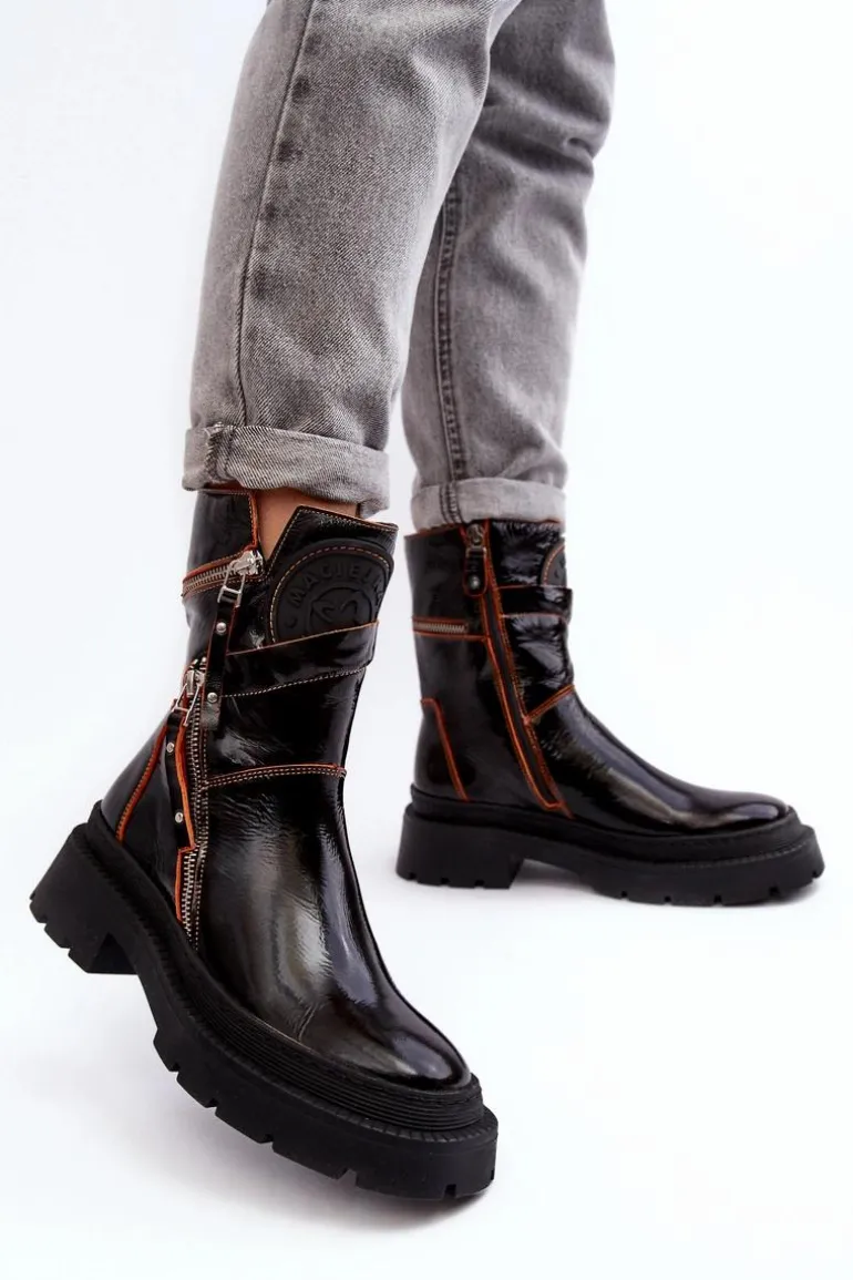 Damskie Lakierowane Skórzane Botki Z Suwakami Maciejka 06238-18 Czarne