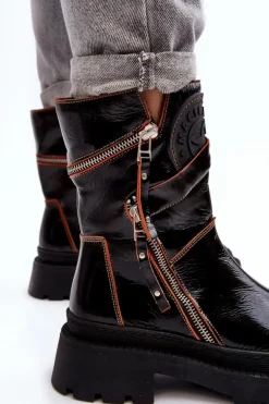 Damskie Lakierowane Skórzane Botki Z Suwakami Maciejka 06238-18 Czarne