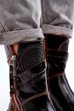 Damskie Lakierowane Skórzane Botki Z Suwakami Maciejka 06238-18 Czarne