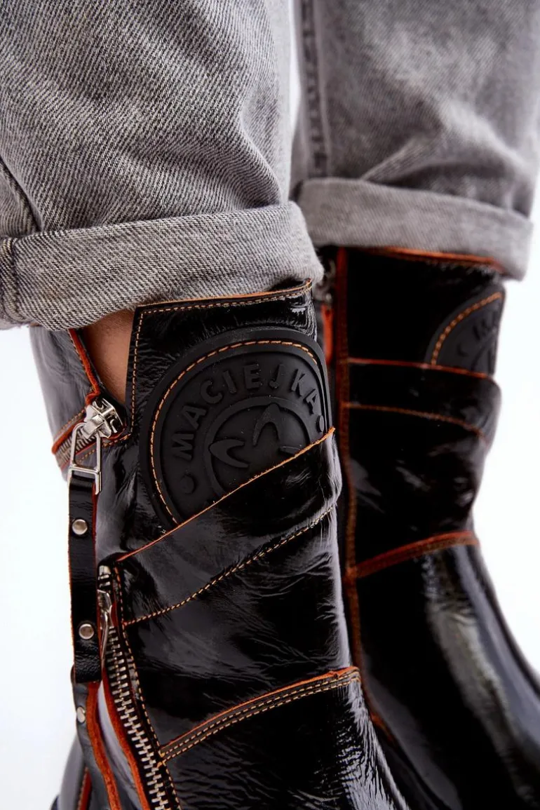 Damskie Lakierowane Skórzane Botki Z Suwakami Maciejka 06238-18 Czarne