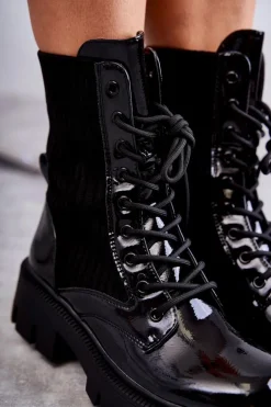 Damskie Lakierowane Workery Botki Ze Skarpetą Czarne Abigail