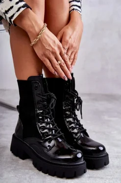 Damskie Lakierowane Workery Botki Ze Skarpetą Czarne Abigail