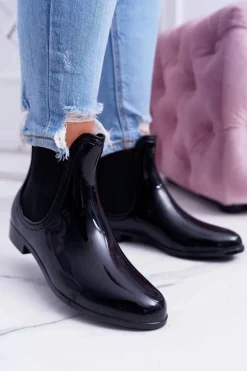 Damskie Lakierowane Wsuwane Czarne Kalosze Pola