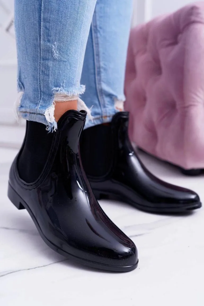 Damskie Lakierowane Wsuwane Czarne Kalosze Pola