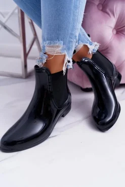 Damskie Lakierowane Wsuwane Czarne Kalosze Pola