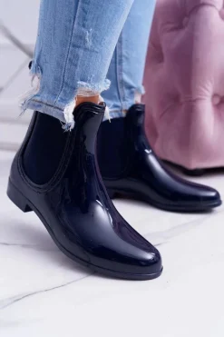 Damskie Lakierowane Wsuwane Kalosze Granatowe Pola