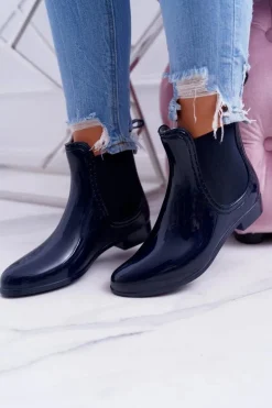 Damskie Lakierowane Wsuwane Kalosze Granatowe Pola