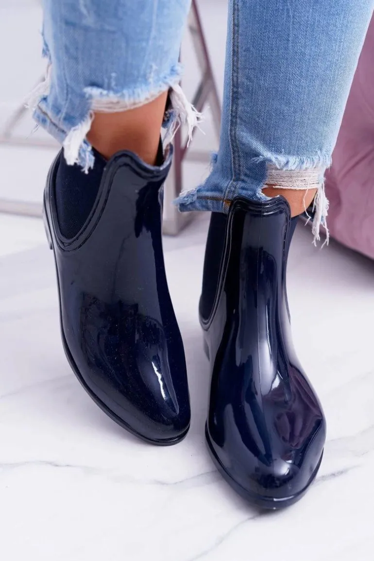Damskie Lakierowane Wsuwane Kalosze Granatowe Pola