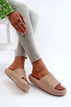 Damskie Lekkie Piankowe Klapki Na Grubej Podeszwie Ciemnobeżowe Querceria