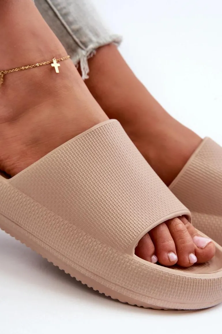 Damskie Lekkie Piankowe Klapki Na Grubej Podeszwie Ciemnobeżowe Querceria