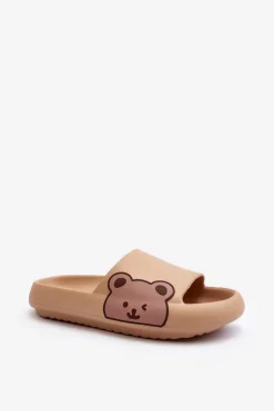 Damskie Lekkie Piankowe Klapki Motyw Misia Ciemnobeżowe Parisso