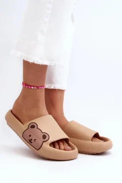 Damskie Lekkie Piankowe Klapki Motyw Misia Ciemnobeżowe Parisso