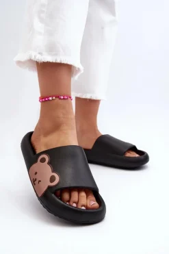 Damskie Lekkie Piankowe Klapki Motyw Misia Czarne Parisso