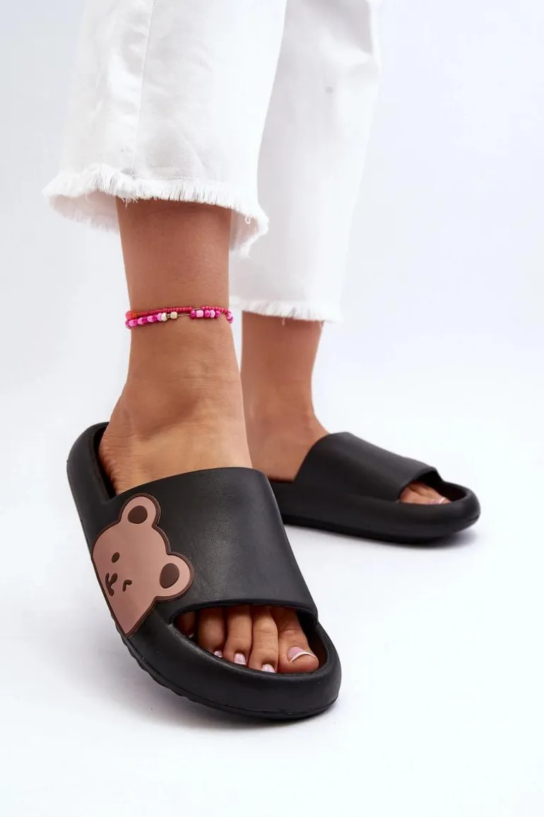 Damskie Lekkie Piankowe Klapki Motyw Misia Czarne Parisso