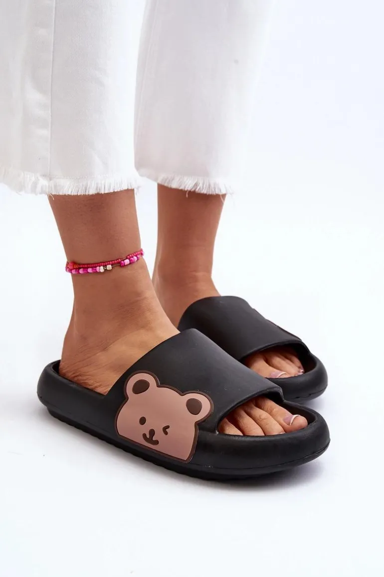 Damskie Lekkie Piankowe Klapki Motyw Misia Czarne Parisso