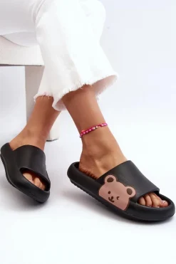 Damskie Lekkie Piankowe Klapki Motyw Misia Czarne Parisso