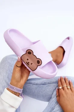 Damskie Lekkie Piankowe Klapki Motyw Misia Fioletowe Parisso