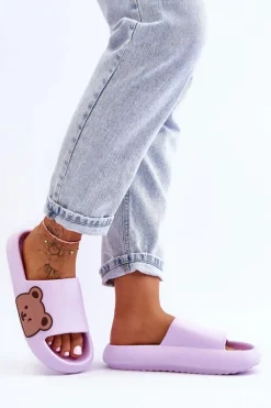 Damskie Lekkie Piankowe Klapki Motyw Misia Fioletowe Parisso