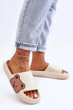 Damskie Lekkie Piankowe Klapki Motyw Misia Beżowe Parisso