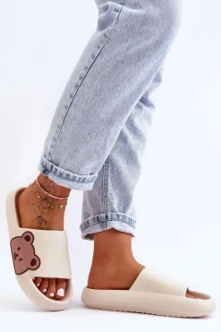 Damskie Lekkie Piankowe Klapki Motyw Misia Beżowe Parisso