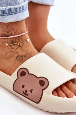 Damskie Lekkie Piankowe Klapki Motyw Misia Beżowe Parisso