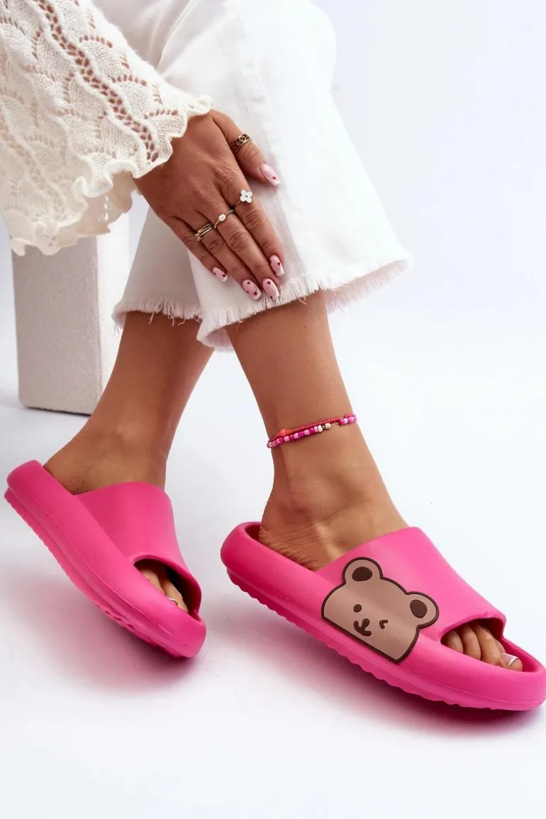 Damskie Lekkie Piankowe Klapki Motyw Misia Fuksja Parisso