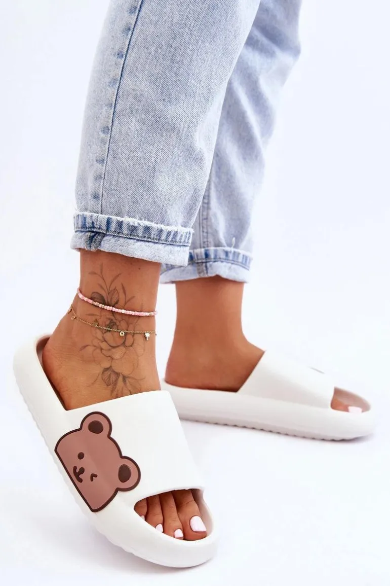 Damskie Lekkie Piankowe Klapki Motyw Misia Białe Parisso