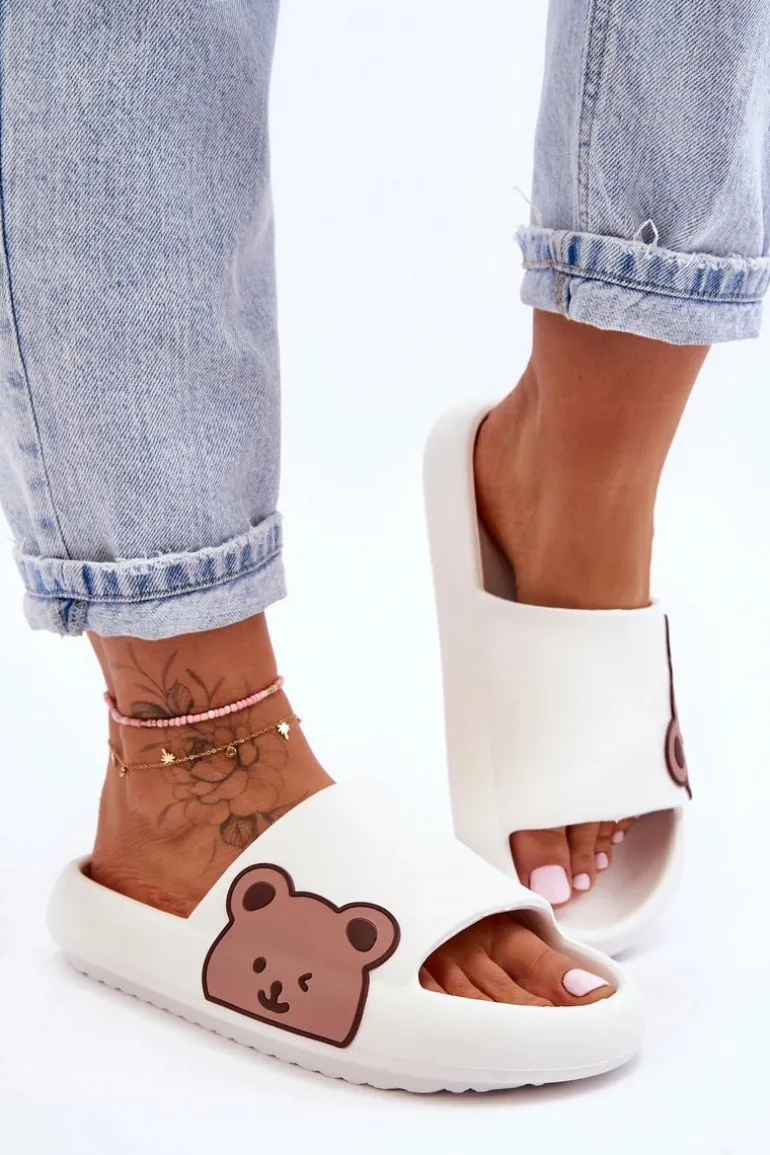 Damskie Lekkie Piankowe Klapki Motyw Misia Białe Parisso