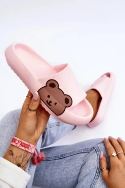 Damskie Lekkie Piankowe Klapki Motyw Misia Różowe Parisso