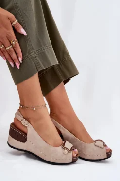 Damskie Lekkie Sandały Na Koturnie Comfort Shoes Beżowo-Złote Efravia