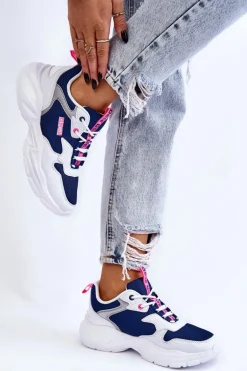 Damskie Lekkie Sportowe Buty Big Star LL274376 Biało-Granatowe