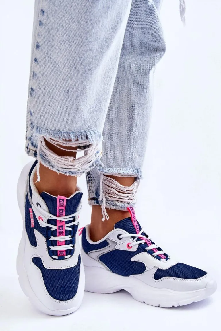 Damskie Lekkie Sportowe Buty Big Star LL274376 Biało-Granatowe