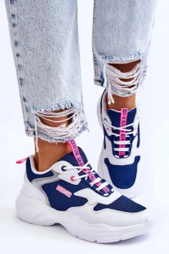 Damskie Lekkie Sportowe Buty Big Star LL274376 Biało-Granatowe