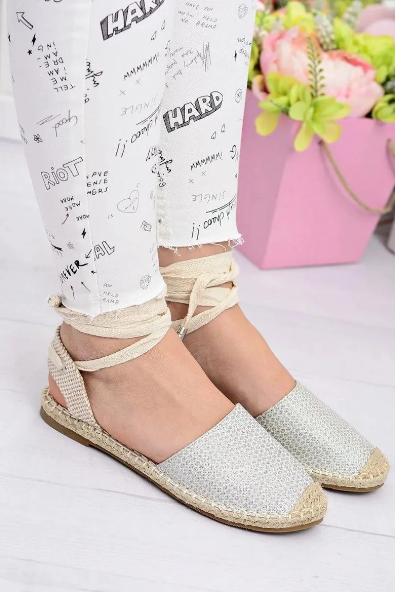 Damskie Lniane Balerinki Wiązane Srebrne Espadryle Sea