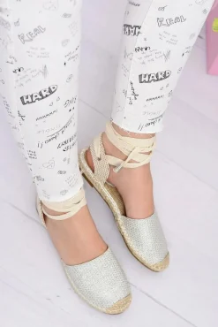 Damskie Lniane Balerinki Wiązane Srebrne Espadryle Sea