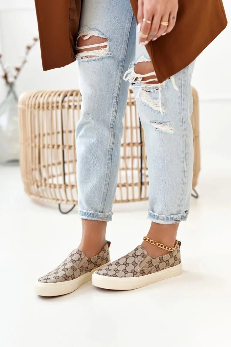 Damskie Logowane Tenisówki Slip-On Khaki Challenge