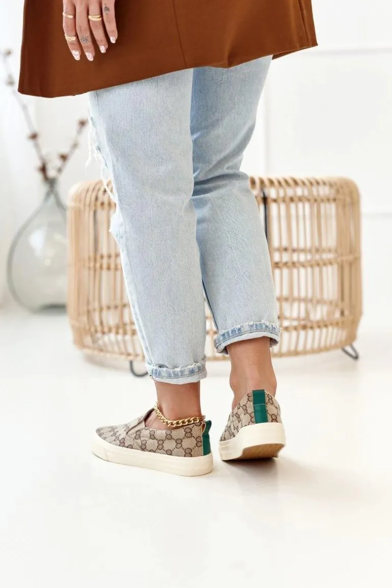 Damskie Logowane Tenisówki Slip-On Khaki Challenge