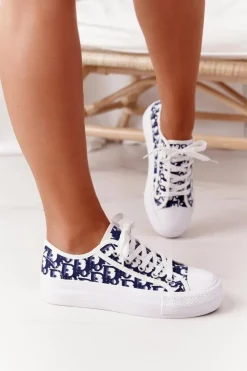 Damskie Logowane Trampki Biało-Granatowe Daphne