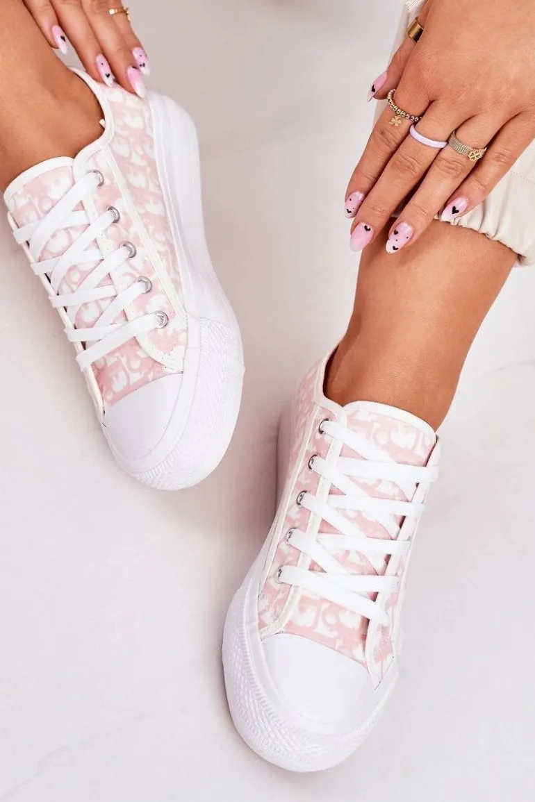 Damskie Logowane Trampki Biało-Różowe Daphne