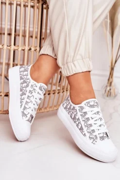 Damskie Logowane Trampki Biało-Szare Daphne