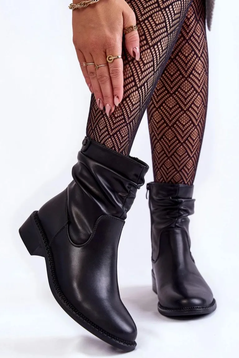 Damskie Marszczone Botki Na Płaskim Obcasie Czarne Sersa